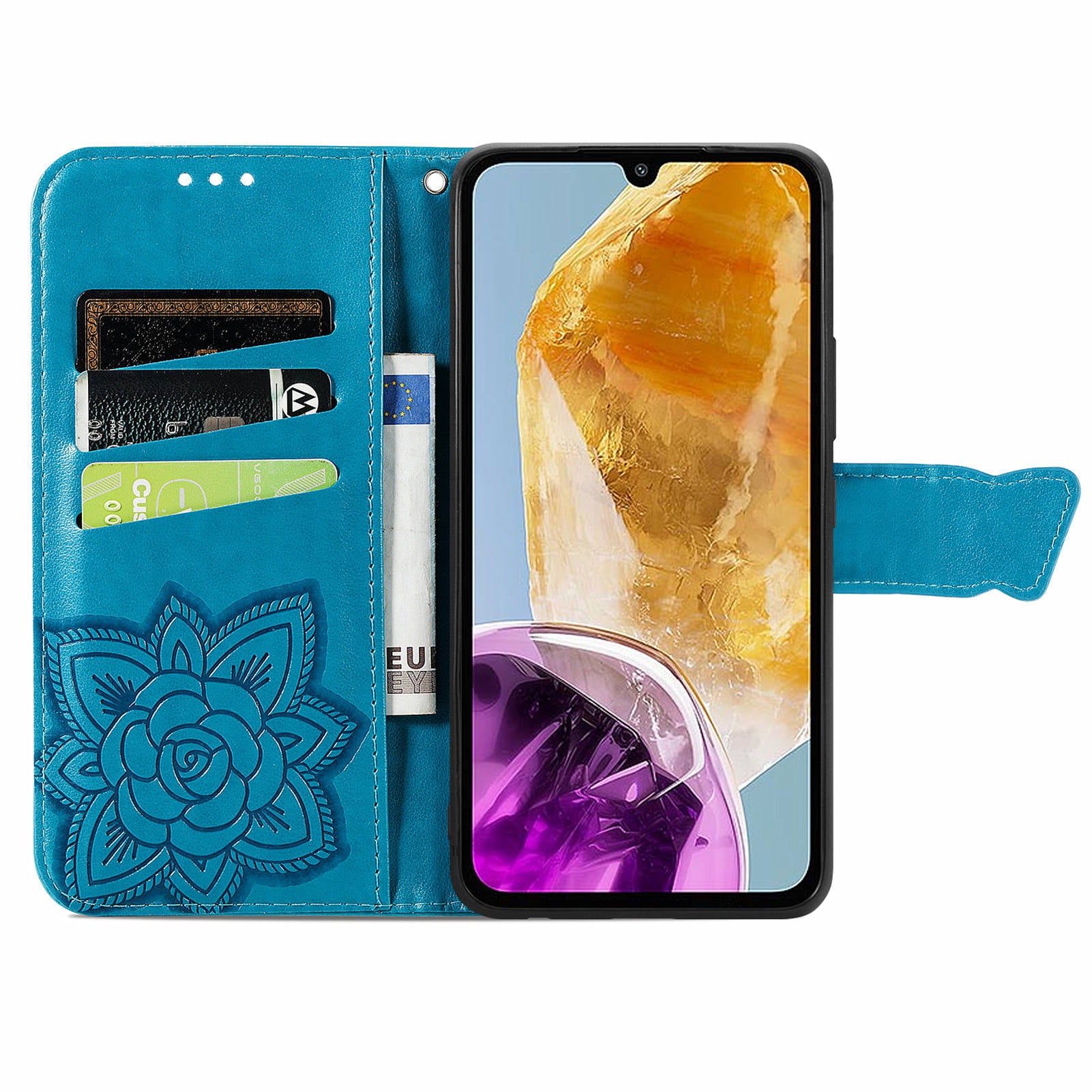 For Samsung Galaxy M15 5G Case Butterfly Pattern PU Leather Hand Strap Wallet Purse Phone Cover - Blue For Samsung Galaxy M15 5G Case Butterfly Pattern PU Leather Hand Strap Wallet Purse Phone Cover - Blue
